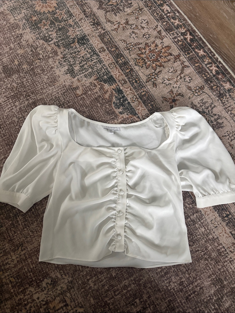 Topshop White Square Neck Ruching Puff Sleeve Blouse
